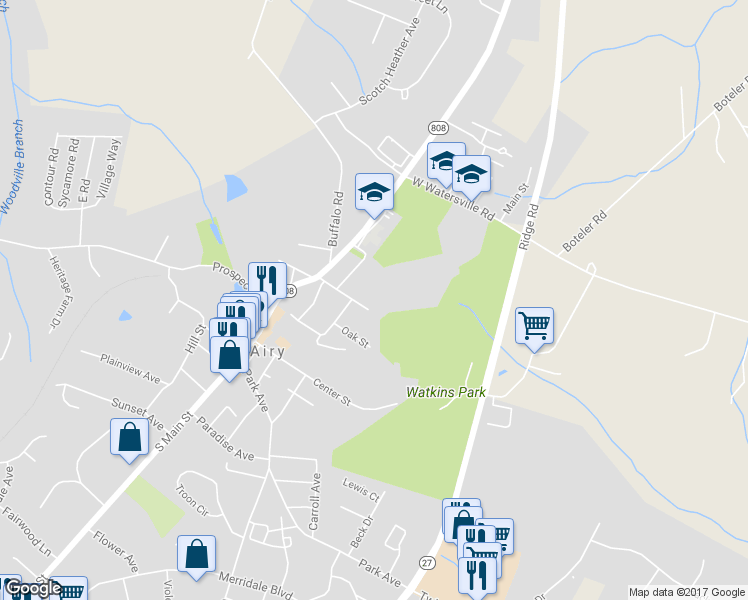 map of restaurants, bars, coffee shops, grocery stores, and more near 205 East Church Street in Mount Airy