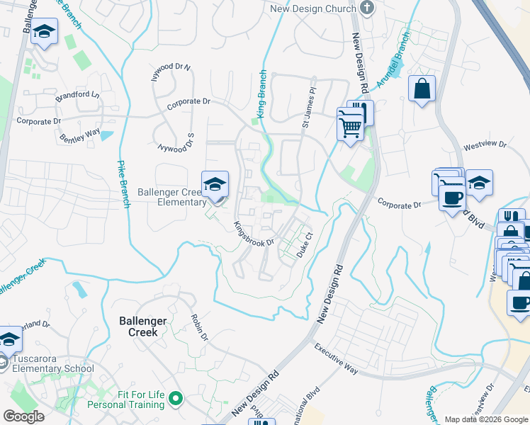 map of restaurants, bars, coffee shops, grocery stores, and more near 6959 Castle Court in Frederick