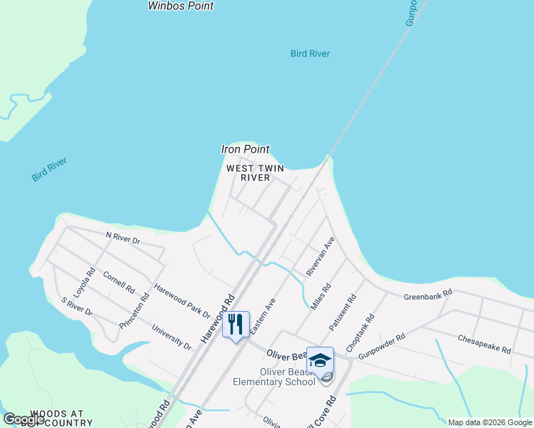 map of restaurants, bars, coffee shops, grocery stores, and more near 6926 Birdwood Avenue in Middle River