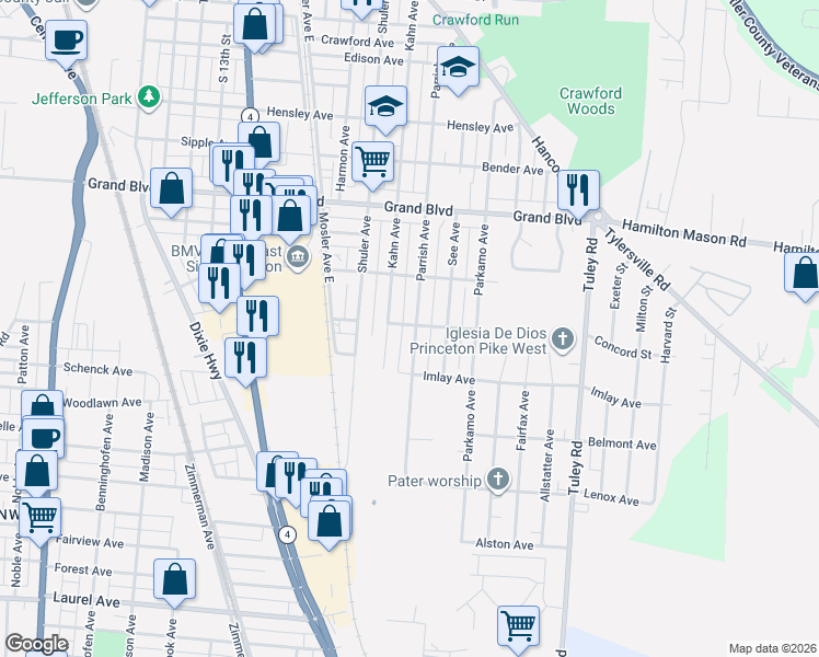 map of restaurants, bars, coffee shops, grocery stores, and more near 1819 Parrish Avenue in Hamilton