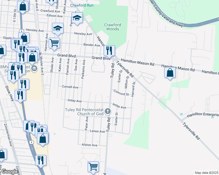 map of restaurants, bars, coffee shops, grocery stores, and more near 1641 Tuley Road in Hamilton