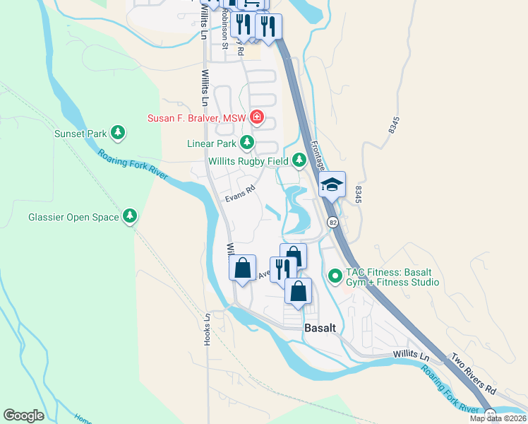 map of restaurants, bars, coffee shops, grocery stores, and more near Evans Road in Basalt