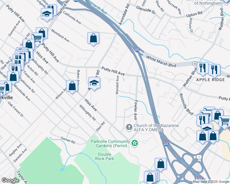 map of restaurants, bars, coffee shops, grocery stores, and more near 8708 Wendell Avenue in Parkville