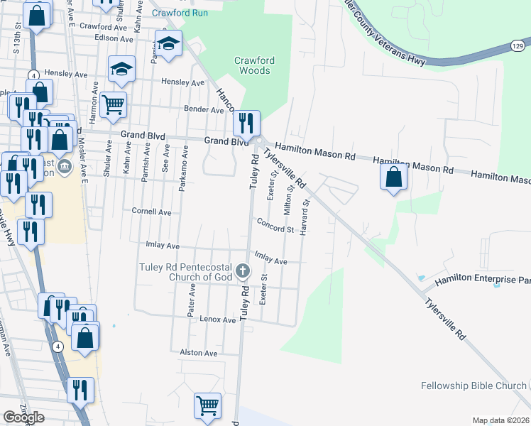 map of restaurants, bars, coffee shops, grocery stores, and more near 1493 Exeter Street in Hamilton