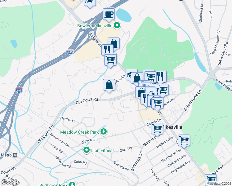map of restaurants, bars, coffee shops, grocery stores, and more near 3903 Naylors Lane in Pikesville
