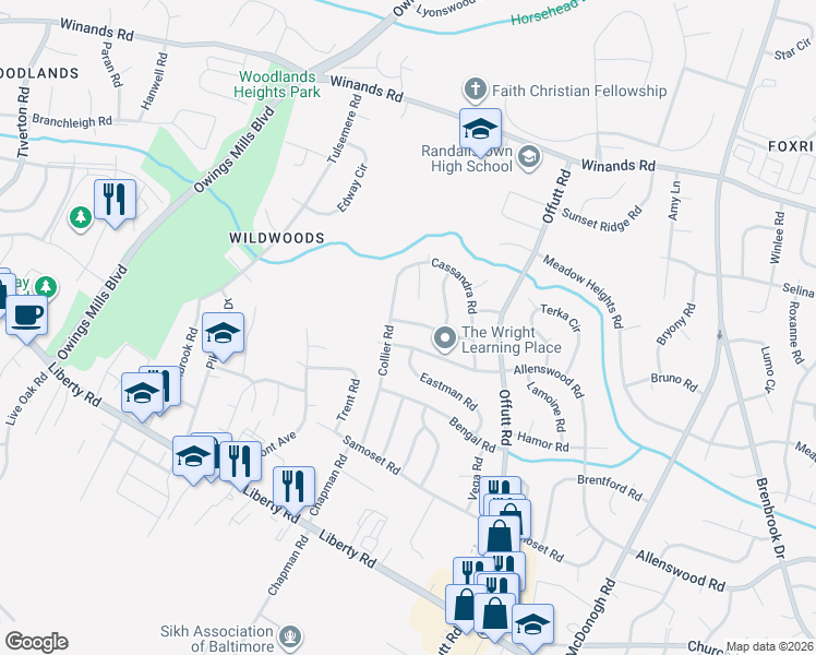 map of restaurants, bars, coffee shops, grocery stores, and more near 9221 Turnbull Road in Randallstown