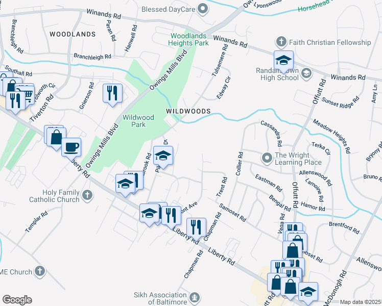 map of restaurants, bars, coffee shops, grocery stores, and more near 3808 Burmont Avenue in Randallstown