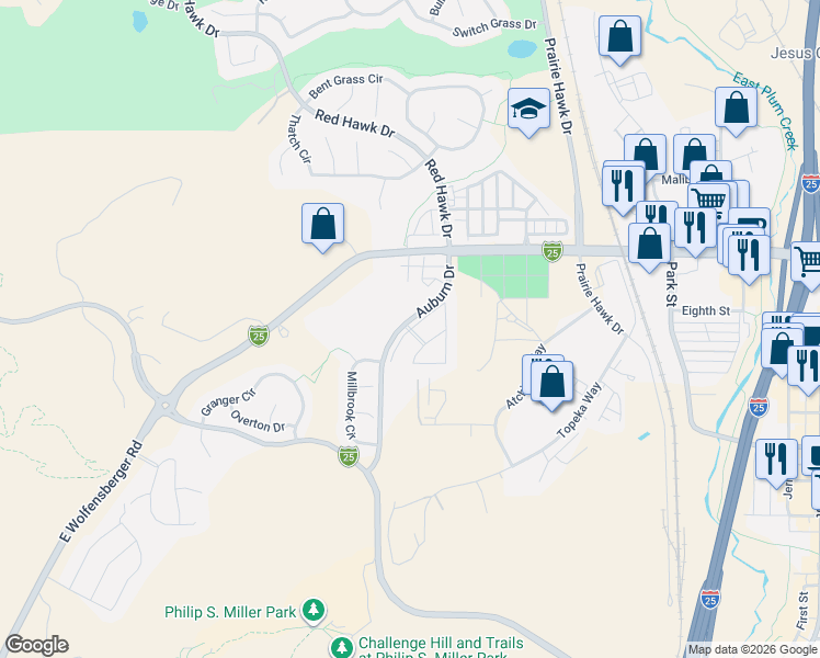 map of restaurants, bars, coffee shops, grocery stores, and more near Castle Highlands Parkway in Castle Rock