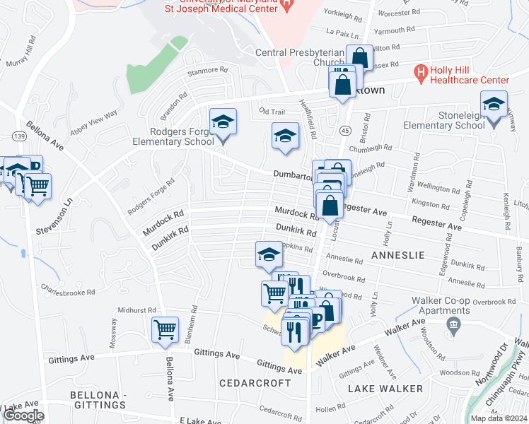 map of restaurants, bars, coffee shops, grocery stores, and more near 229 Murdock Road in Baltimore