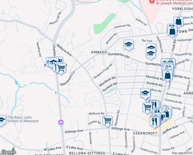 map of restaurants, bars, coffee shops, grocery stores, and more near 205 Rodgers Forge Road in Baltimore