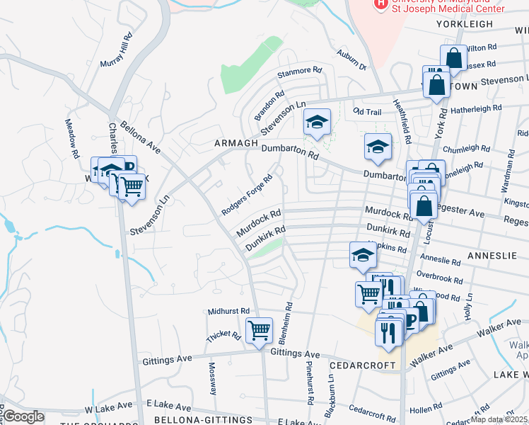 map of restaurants, bars, coffee shops, grocery stores, and more near 54 Murdock Road in Baltimore
