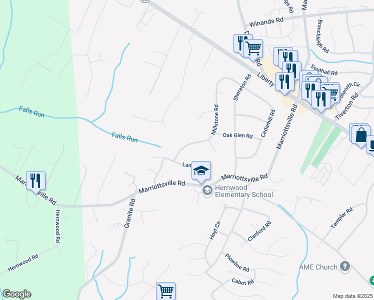map of restaurants, bars, coffee shops, grocery stores, and more near 51 Millstone Road in Randallstown