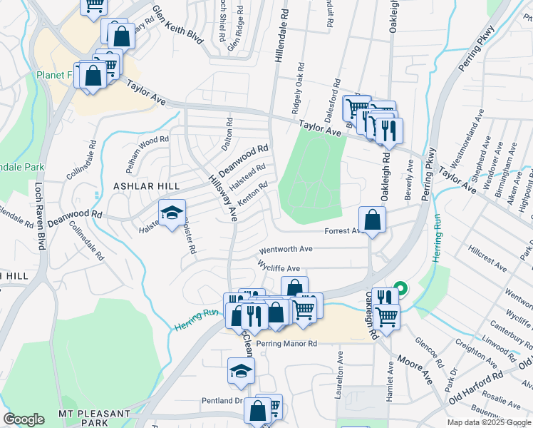 map of restaurants, bars, coffee shops, grocery stores, and more near 7428 Forrest Avenue in Parkville