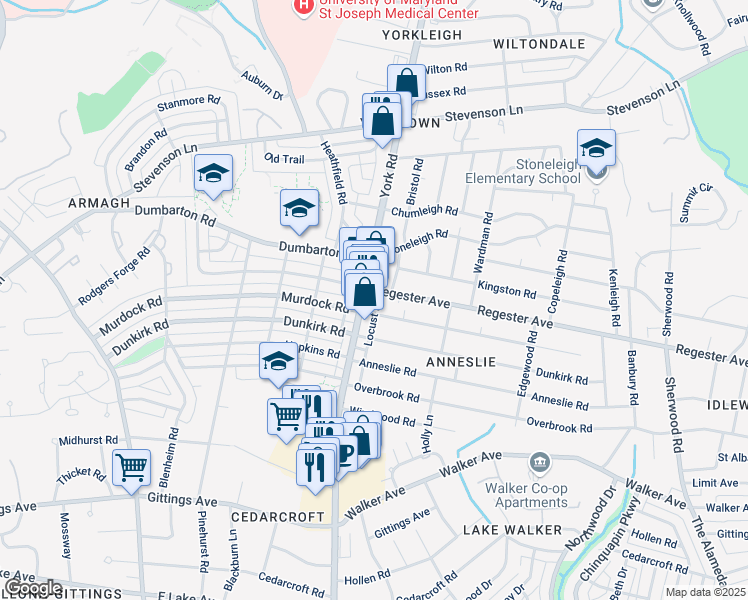map of restaurants, bars, coffee shops, grocery stores, and more near 6805 Locust Drive in Baltimore
