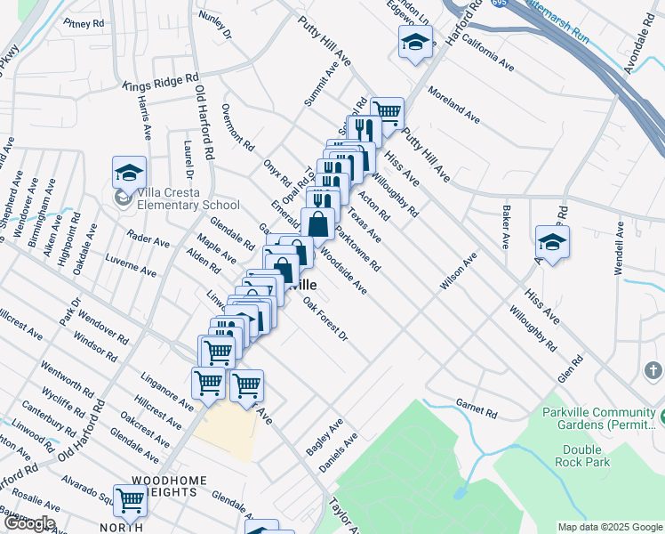 map of restaurants, bars, coffee shops, grocery stores, and more near 3005 Woodside Avenue in Parkville