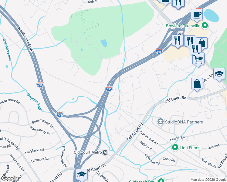 map of restaurants, bars, coffee shops, grocery stores, and more near 1700 Woodholme Avenue in Pikesville