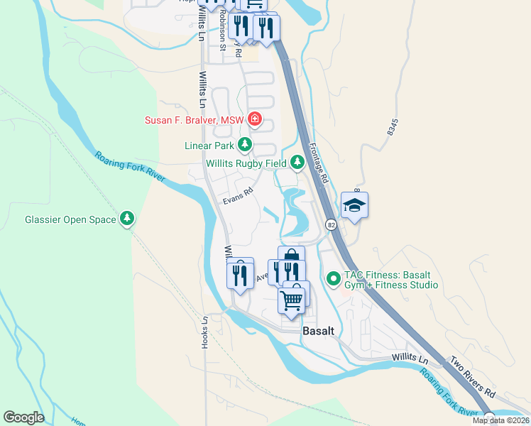 map of restaurants, bars, coffee shops, grocery stores, and more near Evans Road in Basalt