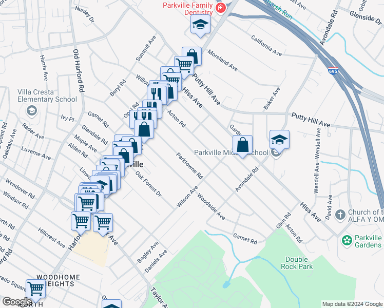 map of restaurants, bars, coffee shops, grocery stores, and more near 3113 Texas Avenue in Parkville