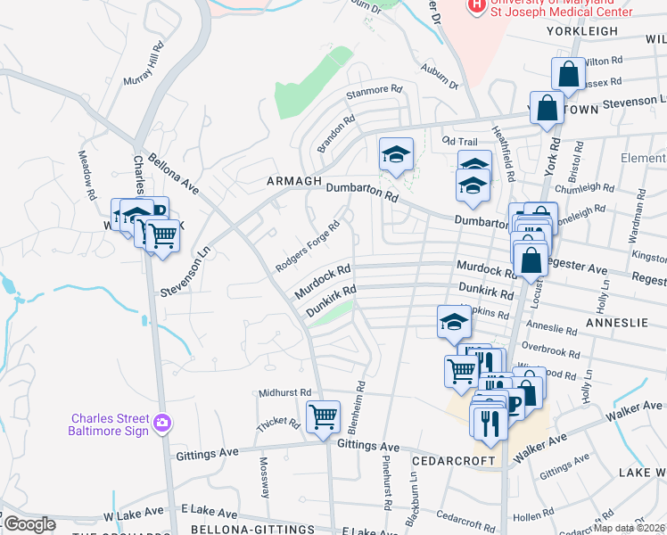 map of restaurants, bars, coffee shops, grocery stores, and more near 62 Murdock Road in Baltimore