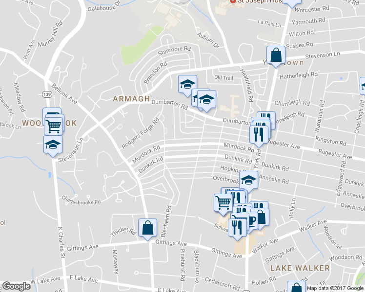 map of restaurants, bars, coffee shops, grocery stores, and more near 137 Murdock Road in Baltimore