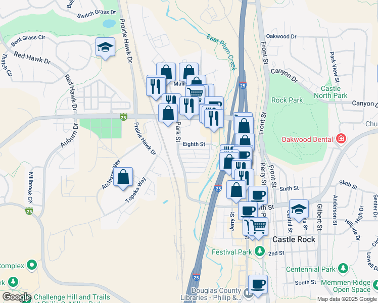map of restaurants, bars, coffee shops, grocery stores, and more near 20 Danny Street in Castle Rock