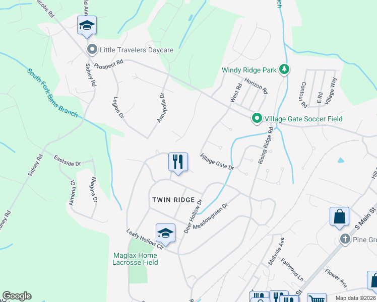 map of restaurants, bars, coffee shops, grocery stores, and more near 5305 Dove Drive in Mount Airy