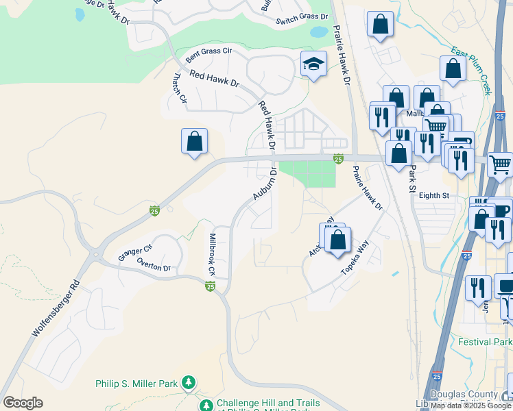 map of restaurants, bars, coffee shops, grocery stores, and more near 1080 Highland Bluff Drive in Castle Rock