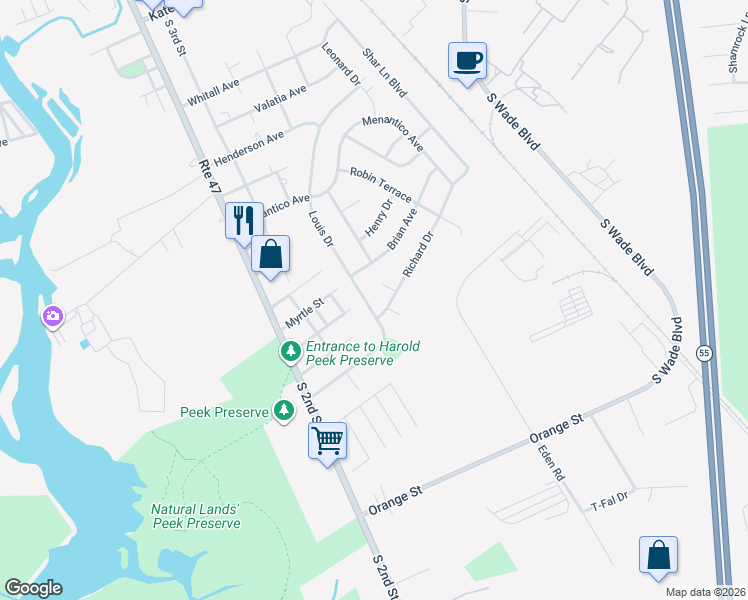 map of restaurants, bars, coffee shops, grocery stores, and more near 1139 Louis Drive in Millville