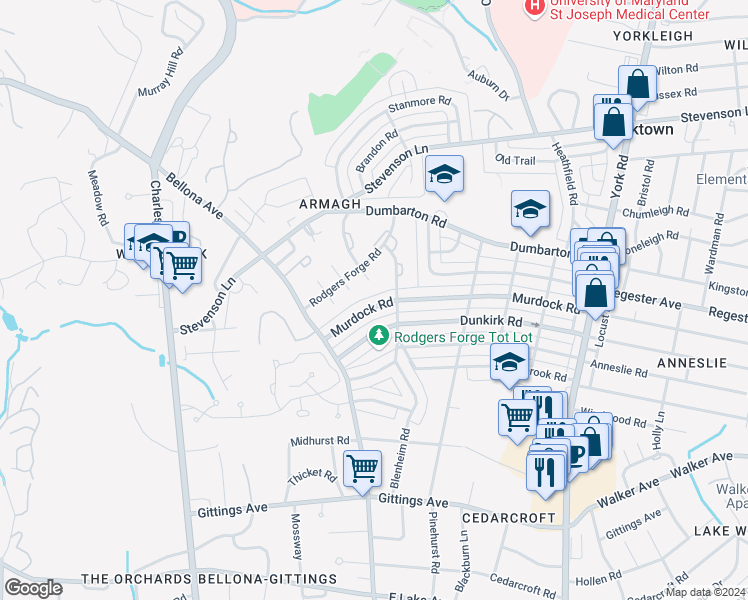 map of restaurants, bars, coffee shops, grocery stores, and more near 62 Murdock Road in Baltimore