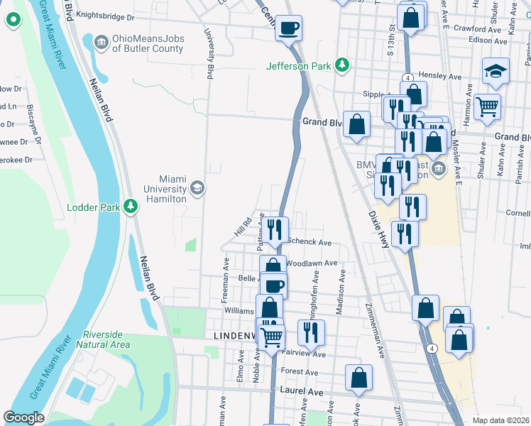 map of restaurants, bars, coffee shops, grocery stores, and more near 1900 Patton Ave in Hamilton