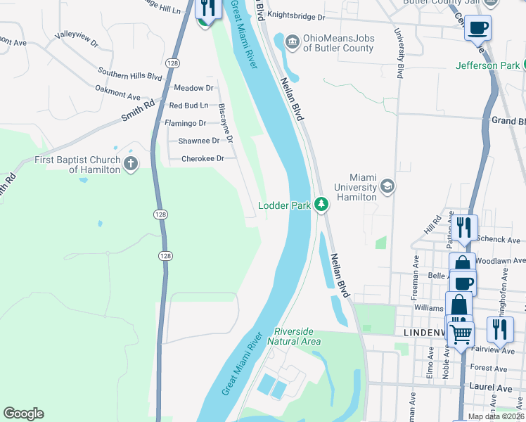 map of restaurants, bars, coffee shops, grocery stores, and more near 1672 Biscayne Drive in Hamilton