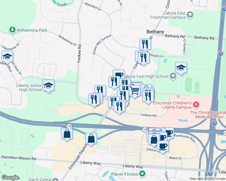 map of restaurants, bars, coffee shops, grocery stores, and more near 7181 Liberty Plaza Drive in Butler County