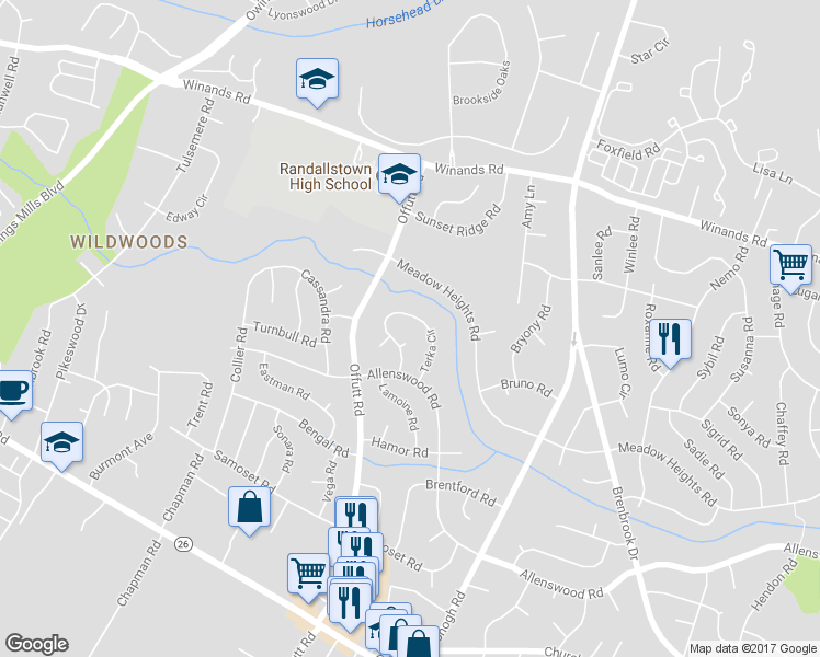 map of restaurants, bars, coffee shops, grocery stores, and more near 3823 Terka Circle in Randallstown