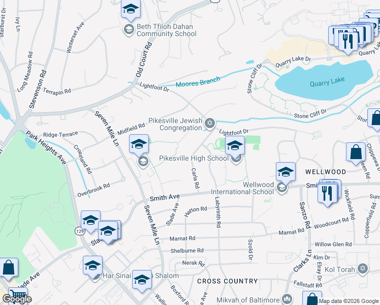 map of restaurants, bars, coffee shops, grocery stores, and more near 7624 Carla Road in Pikesville