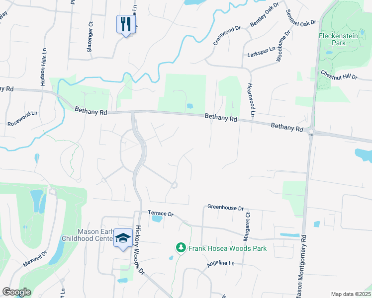 map of restaurants, bars, coffee shops, grocery stores, and more near 4357 Wilderness Way in Mason