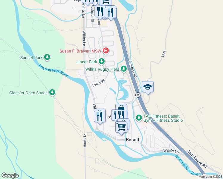 map of restaurants, bars, coffee shops, grocery stores, and more near Evans Road in Basalt