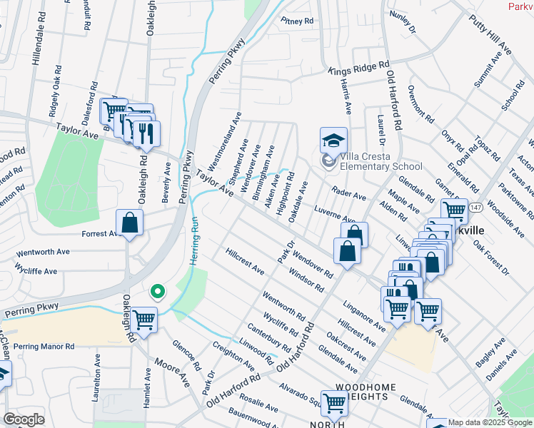 map of restaurants, bars, coffee shops, grocery stores, and more near 2306 Taylor Avenue in Parkville