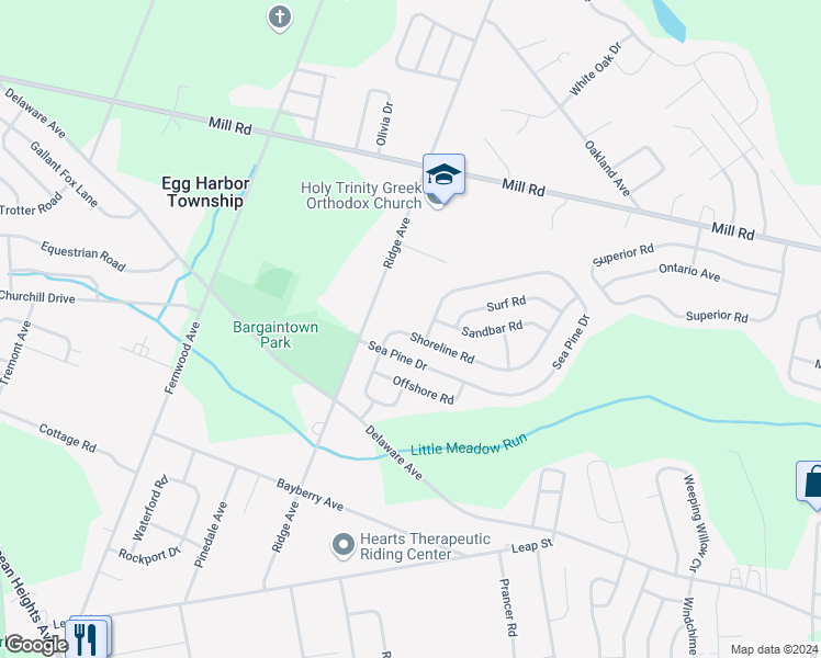 map of restaurants, bars, coffee shops, grocery stores, and more near 40 Shoreline Road in Egg Harbor Township