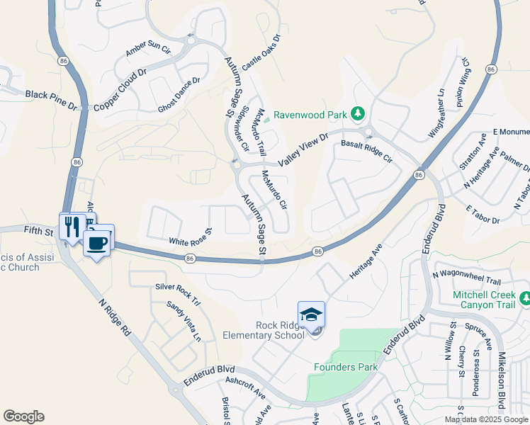 map of restaurants, bars, coffee shops, grocery stores, and more near 1128 McMurdo Circle in Castle Rock