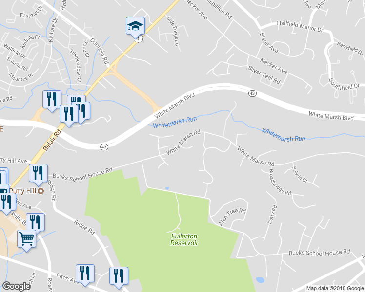 map of restaurants, bars, coffee shops, grocery stores, and more near 20 Perry Ridge Court in Rosedale