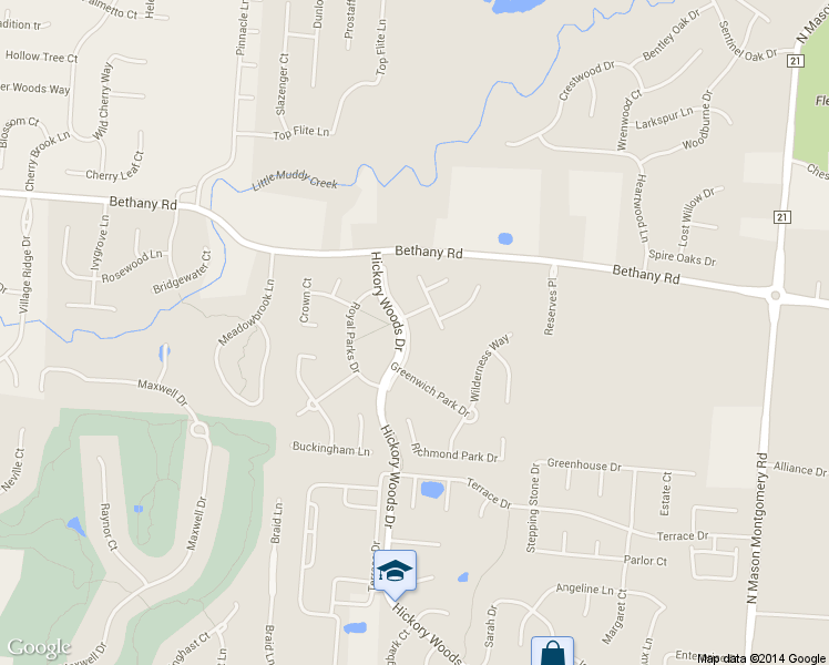 map of restaurants, bars, coffee shops, grocery stores, and more near 4180 Hickory Woods Drive in Mason