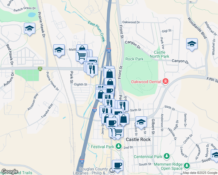 map of restaurants, bars, coffee shops, grocery stores, and more near 745 Wilcox Street in Castle Rock