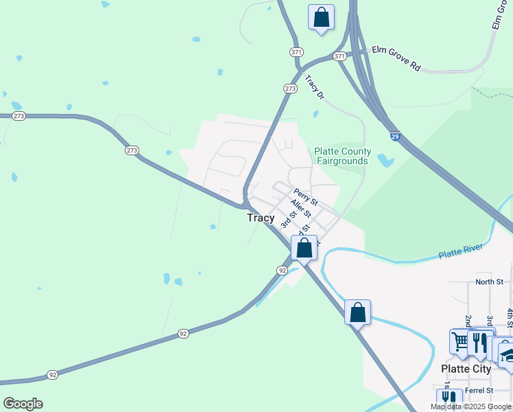 map of restaurants, bars, coffee shops, grocery stores, and more near 414 State Route 92 in Platte City