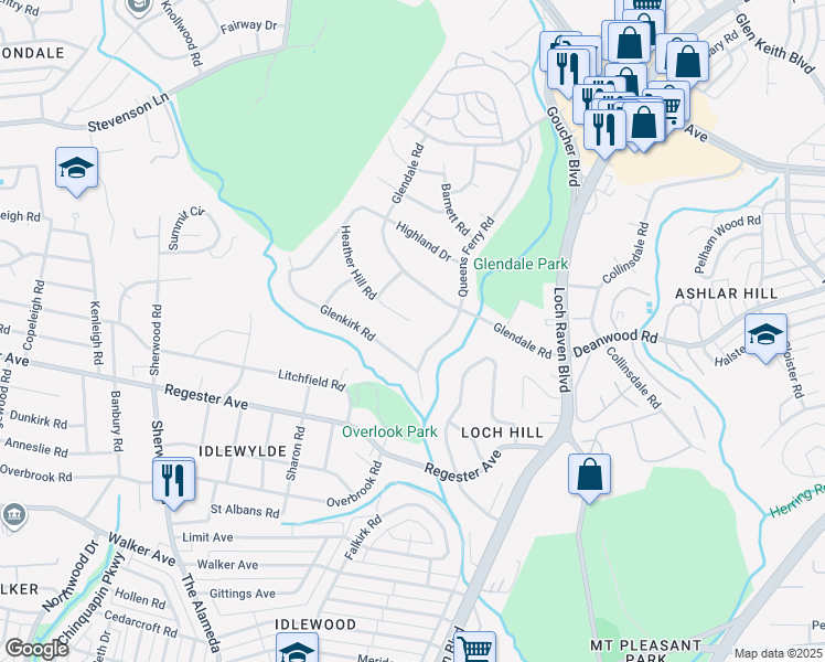map of restaurants, bars, coffee shops, grocery stores, and more near 1337 Heather Hill Road in Baltimore