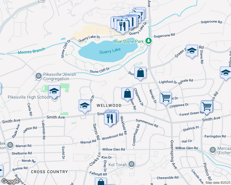 map of restaurants, bars, coffee shops, grocery stores, and more near 6817 Timberlane Road in Baltimore
