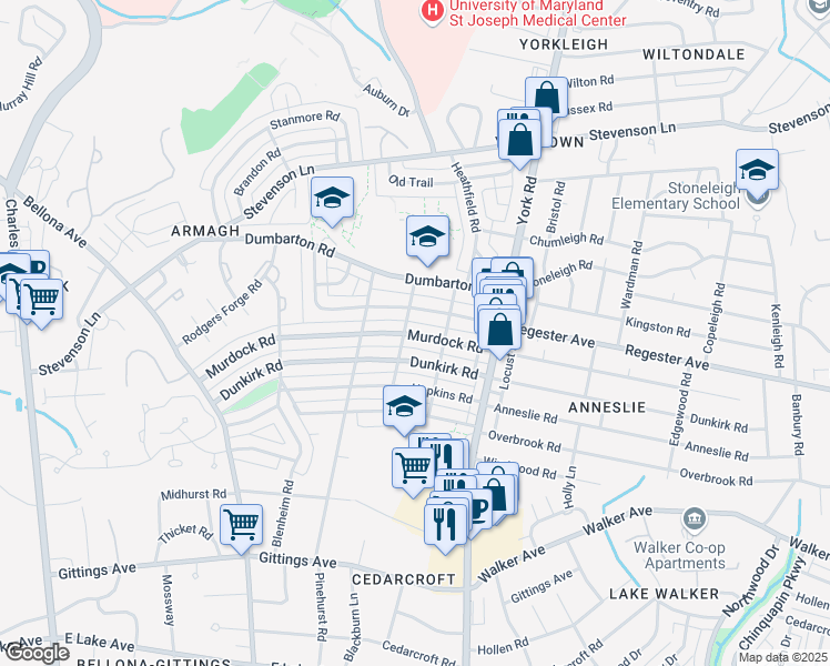 map of restaurants, bars, coffee shops, grocery stores, and more near 326 Murdock Road in Baltimore