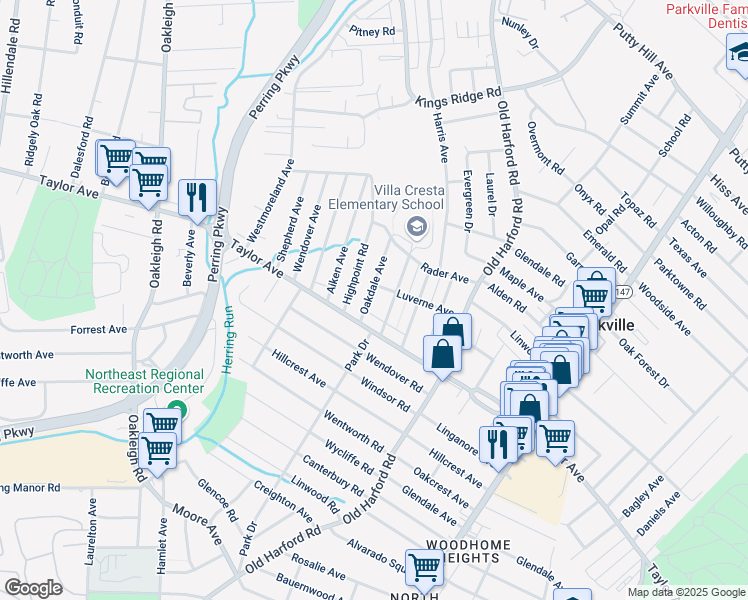 map of restaurants, bars, coffee shops, grocery stores, and more near 7805 Oakdale Avenue in Parkville