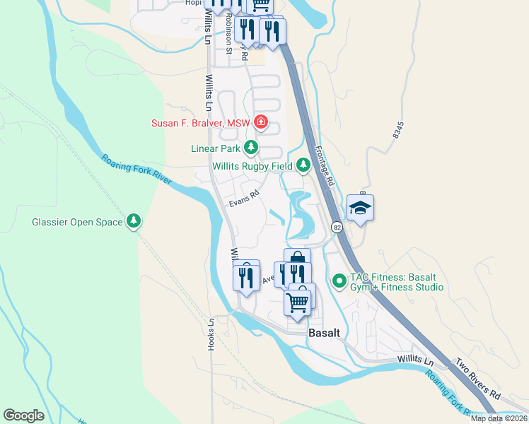 map of restaurants, bars, coffee shops, grocery stores, and more near Evans Road in Basalt