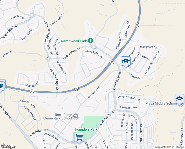 map of restaurants, bars, coffee shops, grocery stores, and more near 1095 Basalt Ridge Loop in Castle Rock