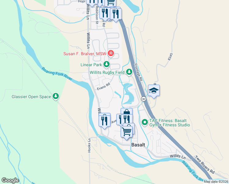 map of restaurants, bars, coffee shops, grocery stores, and more near Evans Road in Basalt